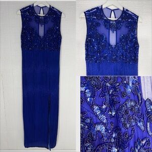 Scala vintage silk beaded evening gown blue size L